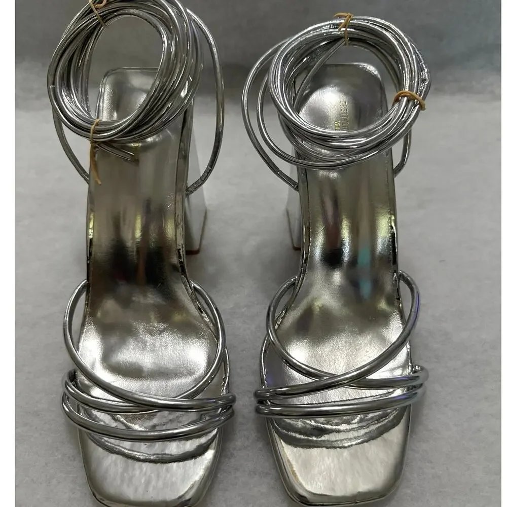 Pretty Little Thing Wide Fit Metallic Silver Strappy Lace-Up Block Heels. Size 7